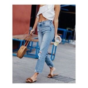 MOTHER High Waisted Rider Skimp Straight Leg Jeans Bloom and Doom Blue 27